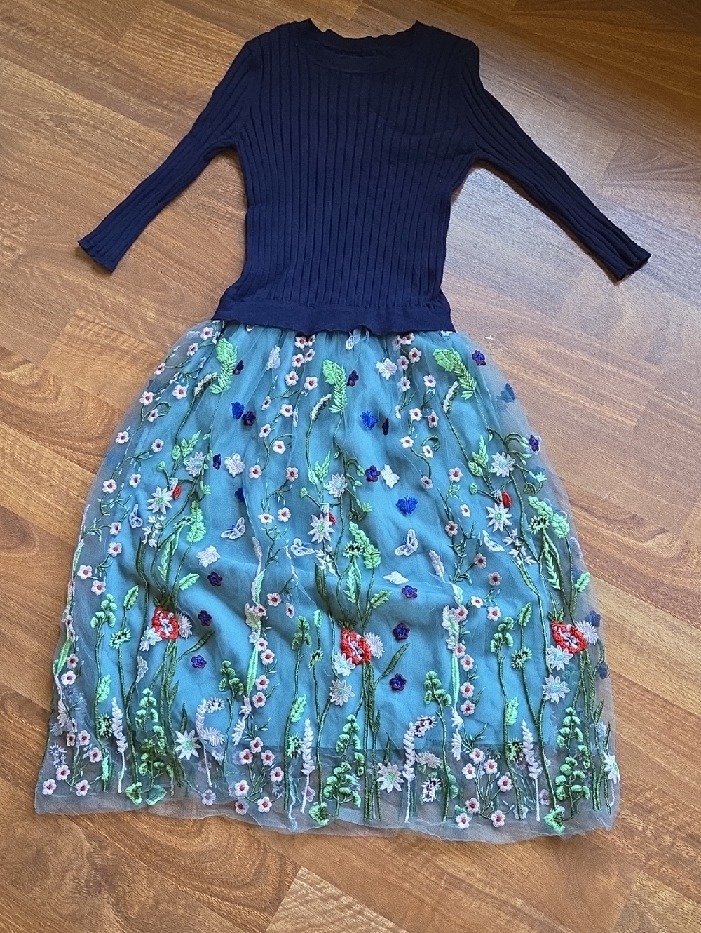 Navy Ribbed Top with Embroidered Floral Tulle Skirt